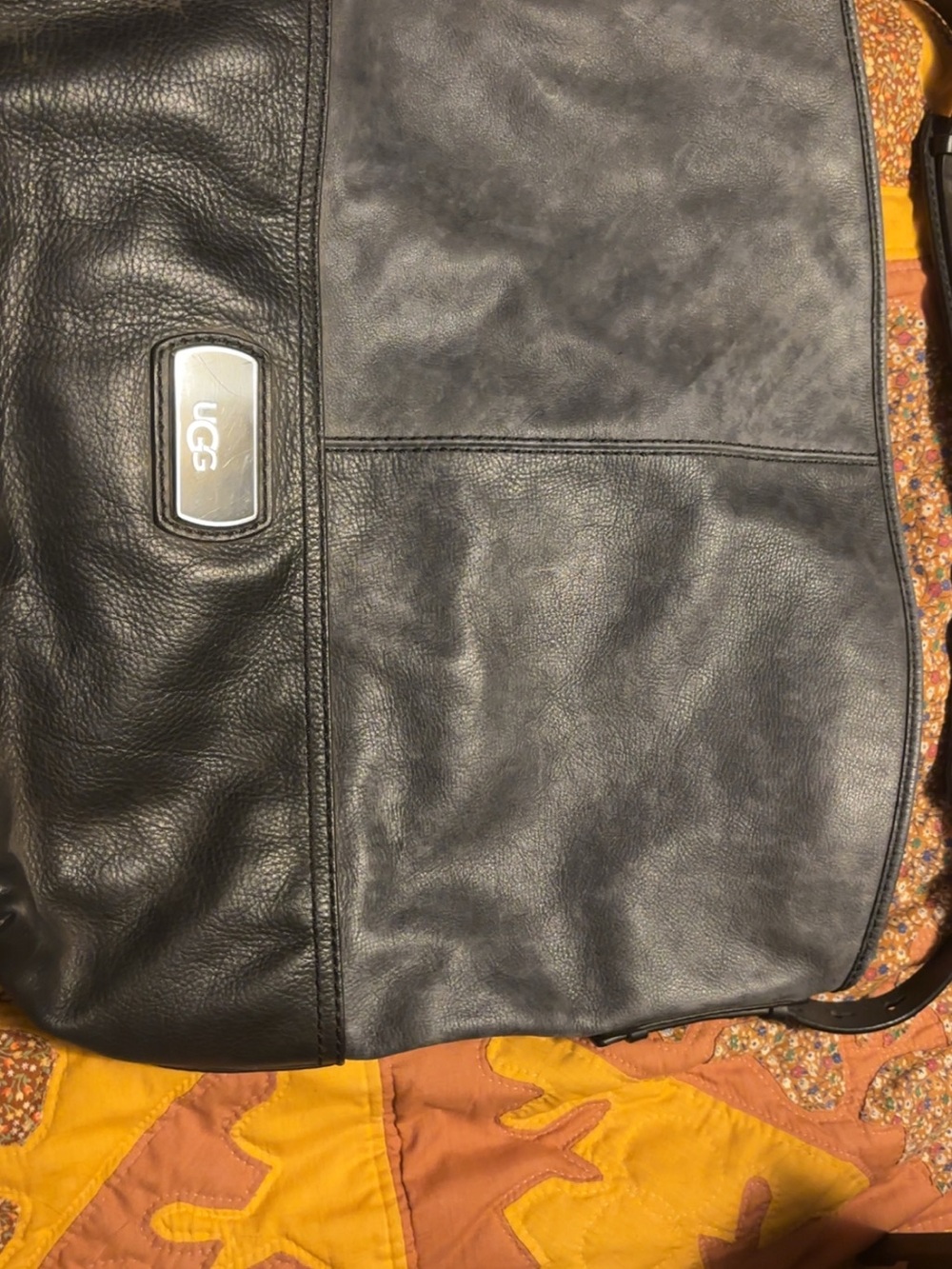 UGG Black Leather Duffel Bag with Metal Logo Plaque
